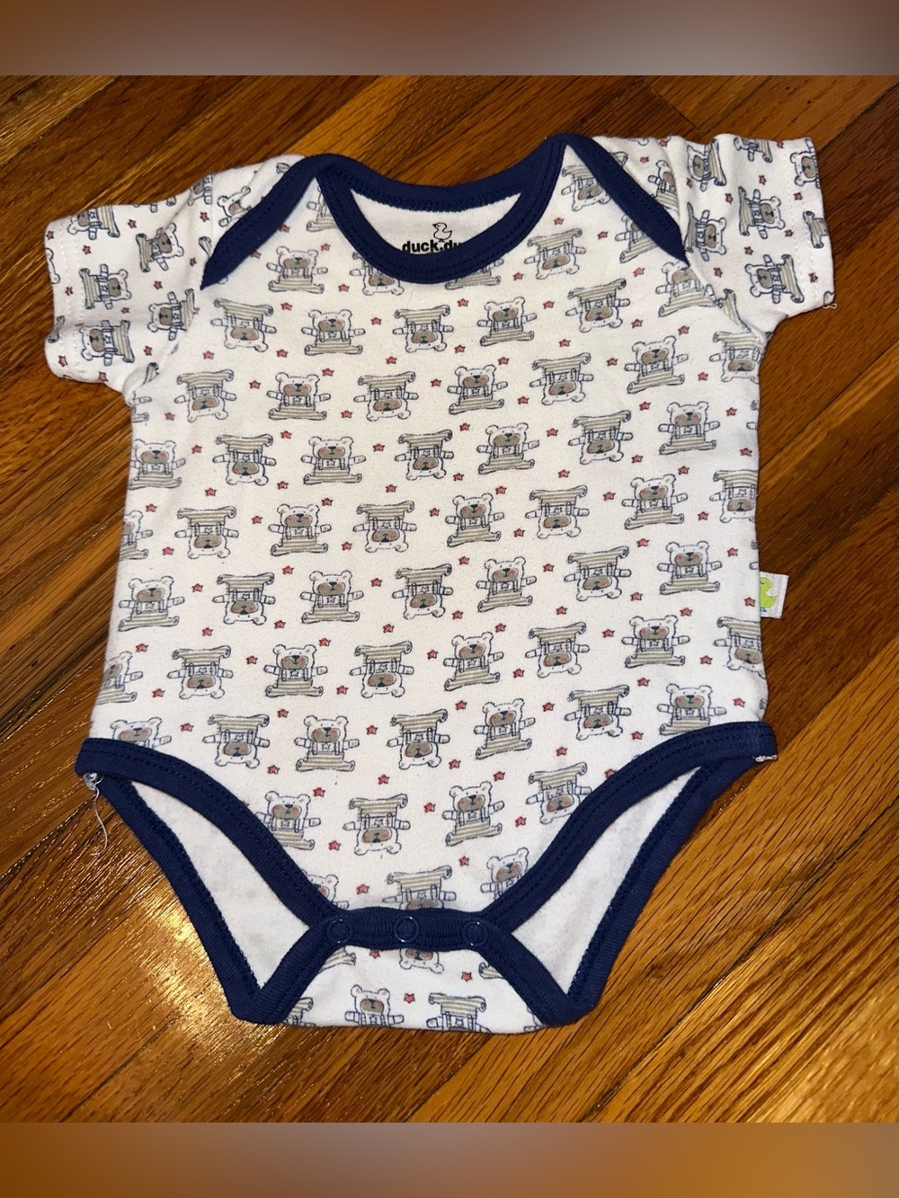 Classic Navy-Trim Cotton Baby Bodysuit with Teddy Bear Print